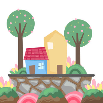 house building at hill with tree landscape whimsical children illustration