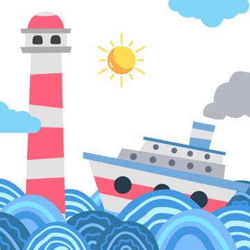 ship cruise at sea ocean with lighthouse for guide navigation whimsical children illustration