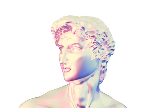 Shiny metal head of David sculpture, 3D rendered