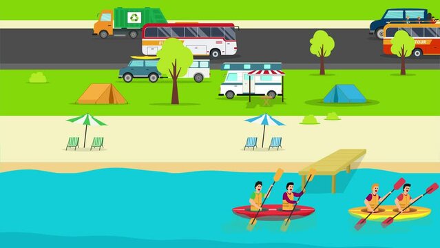 Camper van park next to a river with people rowing 2d animation in 4K UHD 3840x2160