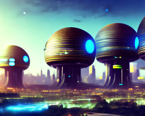 A Busy City on a Distant Alien Planet in Space