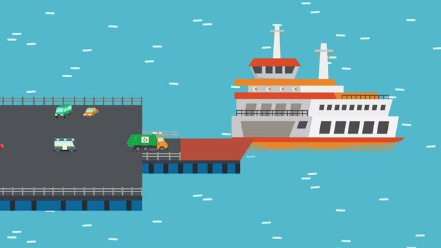 cars and trucks is getting on the ferry to cross the ocean at ferry terminal 2d animation in 4K UHD 3840x2160