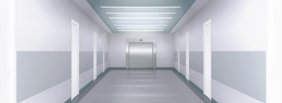 Metal Elevator Doors In Office, Hospital, Hotel Or House Hallway. Empty Modern Building Corridor With Closed Doors And Steel Lift Gates, Vector Realistic Illustration