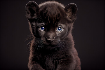 Portrait of a black baby panther on a black background. generative ai