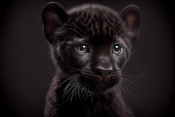Foto op Plexiglas Portrait of a black baby panther on a black background. generative ai © Julian