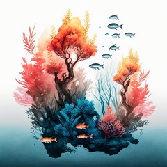 Coral Reef in Chinese Brush Painting (generative AI)