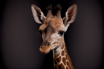 Portrait of a baby giraffe on a black background. generative ai