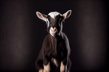 Portrait of a baby goat on a black background. generative ai