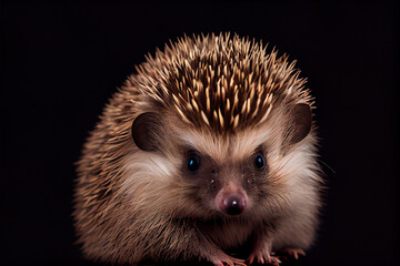 Portrait of a baby hedgehog on a black background. generative ai
