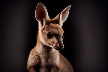 Fototapeta premium Portrait of a baby kangaroo on a black background. generative ai