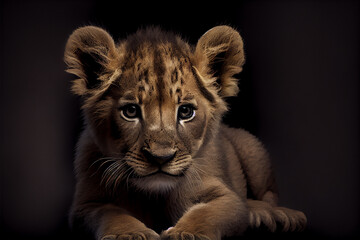 Fototapeta premium Portrait of a baby lion on a black background. generative ai
