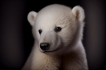 Portrait of a baby polar bear on a black background. generative ai