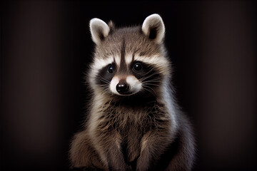 Fototapeta premium Portrait of a baby racoon on a black background. generative ai