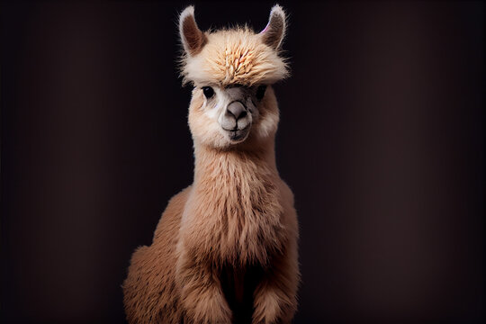 Portrait of a baby llama on a black background. generative ai