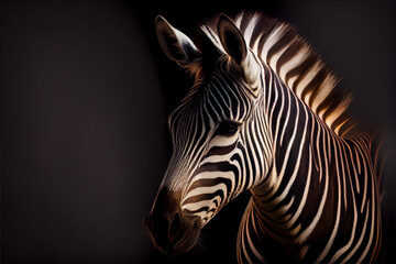 Fototapeta na wymiar Portrait of a zebra on a black background. generative ai