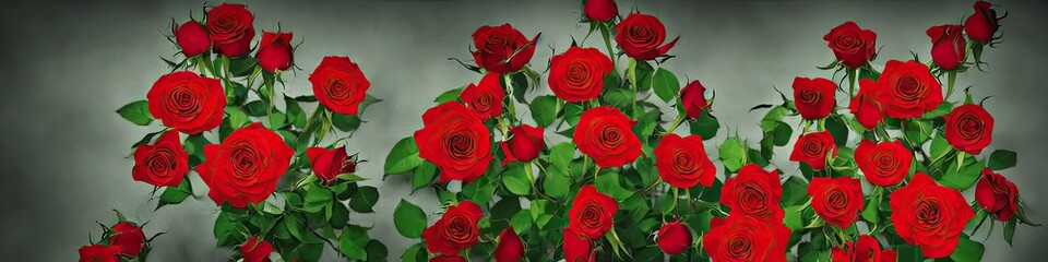 Gorgeous red roses - panoramic illustration of colorful red rose flowers. Showing pretty petals, these fragile plants are eye-appealing and beloved. Made by generative AI