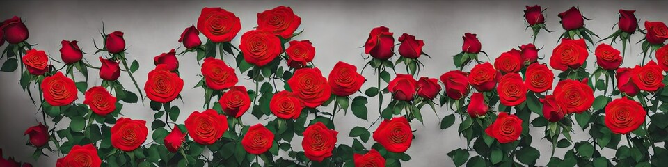 Gorgeous red roses - panoramic illustration of colorful red rose flowers. Showing pretty petals, these fragile plants are eye-appealing and beloved. Made by generative AI