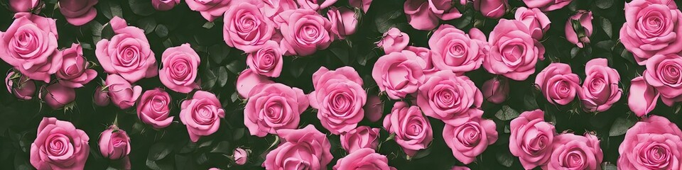 Gorgeous pink roses - panoramic illustration of colorful pink rose flowers. Showing pretty petals, these fragile plants are eye-appealing and beloved. Made by generative AI