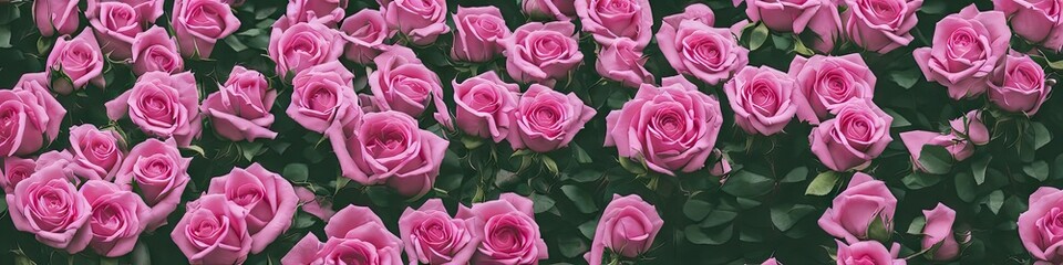 Gorgeous pink roses - panoramic illustration of colorful pink rose flowers. Showing pretty petals, these fragile plants are eye-appealing and beloved. Made by generative AI