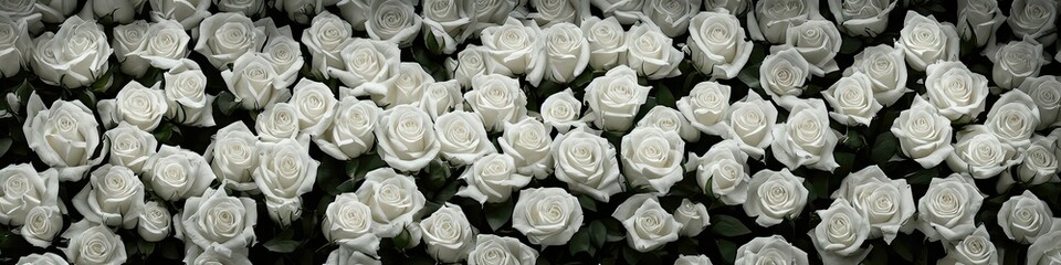Obraz na płótnie Canvas Gorgeous white roses - panoramic illustration of white rose flowers. Showing pretty petals, these fragile plants are eye-appealing and beloved. Made by generative AI
