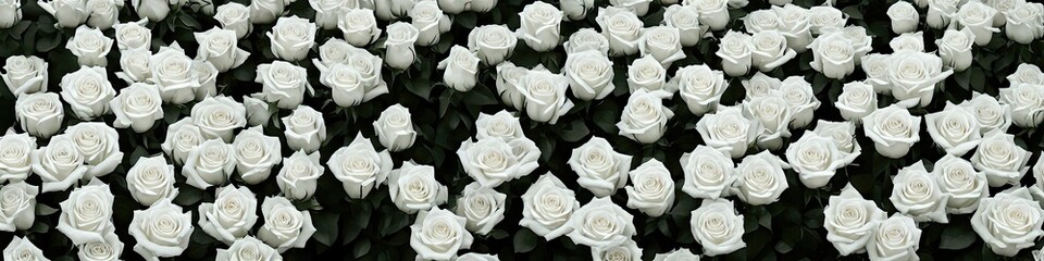 Gorgeous white roses - panoramic illustration of white rose flowers. Showing pretty petals, these fragile plants are eye-appealing and beloved. Made by generative AI