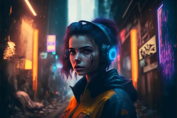 Obraz premium Cyberpunk girl headphones apocalyptic city lights neon street 