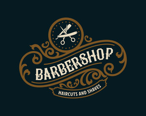 Barbershop vintage Luxury frame Logo Badge with flourish Victorian Ornament
