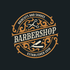 Barbershop vintage Luxury frame Logo Badge with flourish Victorian Ornament
