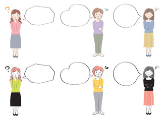 ふきだしとカジュアル姿の若い女性　悩む　困る　全身