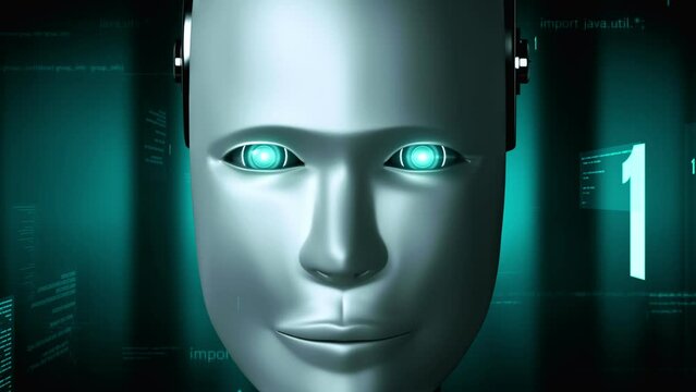 Futuristic robot artificial intelligence huminoid AI programming coding technology development and machine learning concept. Robotic bionic science research for future of human life. 3D rendering.