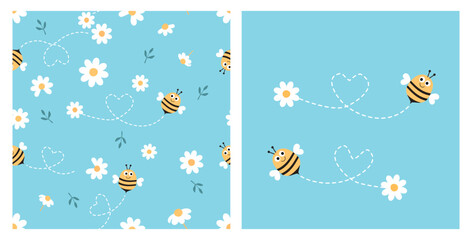 Seamless pattern with bee cartoons and daisy flower on blue background. Bee, heart dot line and daisy flower vector illustration.