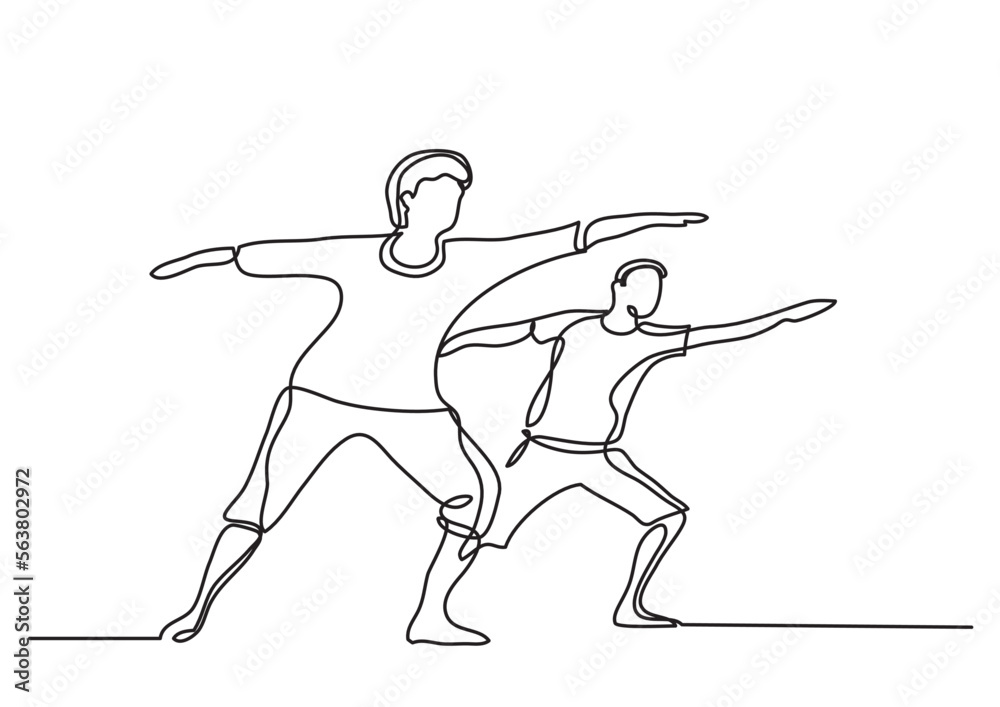 Poster continuous line drawing vector illustration with FULLY EDITABLE STROKE of seniors doing exercises