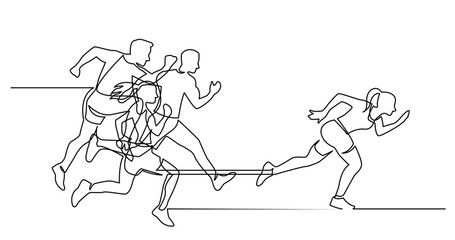continuous line drawing vector illustration with FULLY EDITABLE STROKE of of group of athletes running after leader woman