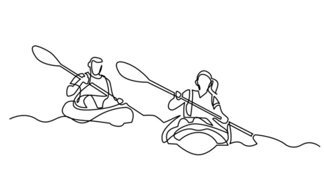 Foto op Canvas continuous line drawing vector illustration with FULLY EDITABLE STROKE of of happy couple kayaking on lake © OneLineStock