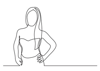 continuous line drawing vector illustration with FULLY EDITABLE STROKE of woman in fashion dress