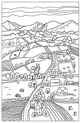 Coloring book . Lovely landscape,mountains and village in the valley. Vector art line background.