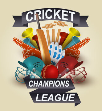 Cricket champions League poster.Sports background  with cricket bat, ball, helmet and champion trophy.