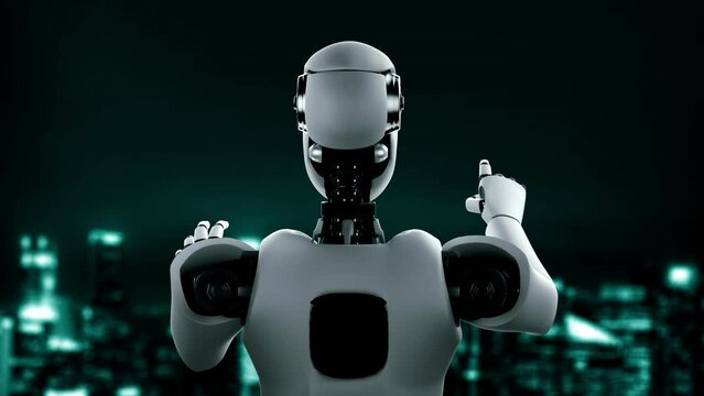 Futuristic robot artificial intelligence huminoid AI programming coding technology development and machine learning concept. Robotic bionic science research for future of human life. 3D rendering.