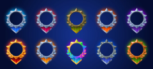 Game avatar frames with fantasy medieval borders with laurel, pennants and glow. Empty circle golden, metal, silver and gradient colored frames, vector cartoon set