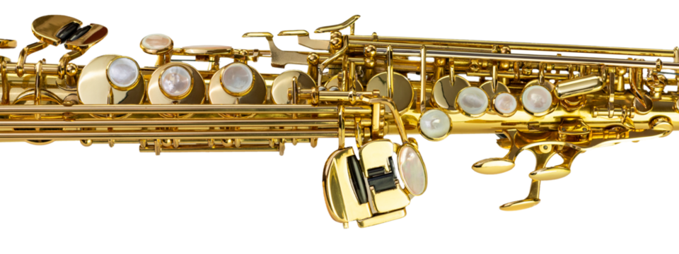 Saxophone mechanics at the left border of a black background