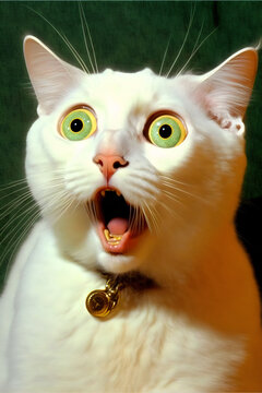 surprised white cat portrait with mouth open, wide eyes, cartoon photograph, generative ai
