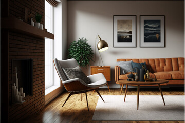 Fototapeta na wymiar modern design living room wooden minimalist vintage. Generative AI
