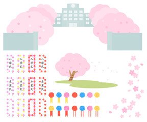 桜の木と小学校　入学式と卒業式のイメージ素材