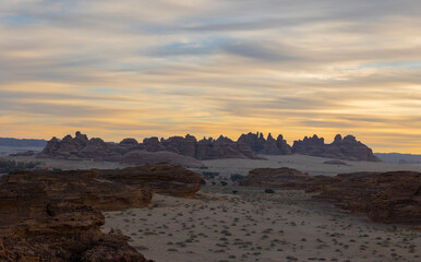 Aerial views of geological formations near Mada'in Saleh (Hegra) ancient archeological site, Al Ula, north west Saudi Arabia