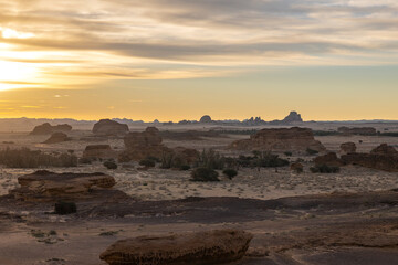 Aerial views of geological formations near Mada'in Saleh (Hegra) ancient archeological site, Al Ula, north west Saudi Arabia