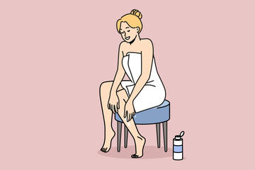Smiling young woman in towel after shower put lotion on legs. Happy girl enjoy beauty procedures apply balm on body. Wellness concept. Vector illustration.