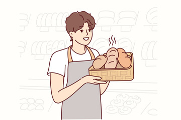 Man baker holds tray of hot bread prepared for customers of family store or large supermarket. Guy in apron works in bakery stands with freshly baked baguettes. Flat vector illustration