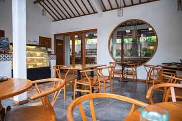 Beautiful interior of Bali style cafe in Ubud, Bali, Indonesia