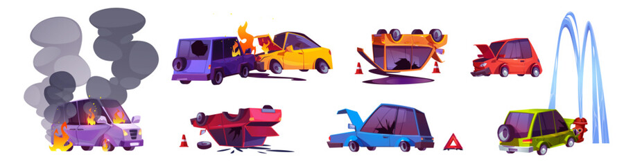 Car accidents, traffic crash on road. Vehicles collision, broken and flipped on roof automobiles, damaged auto with fire and smoke, vector cartoon set isolated on white background
