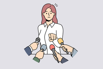 Furious businesswoman talk in microphones at conference point at journalist or reporter. Mad female politician distressed talking at event. Vector illustration. 